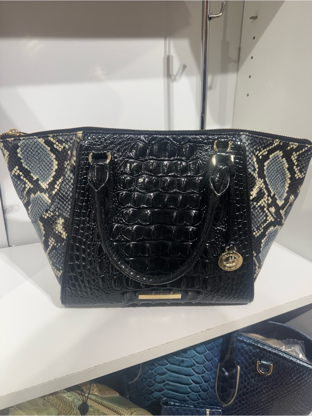 Brahmin Black Croc-Embossed Satchel with Snake-Print Panels